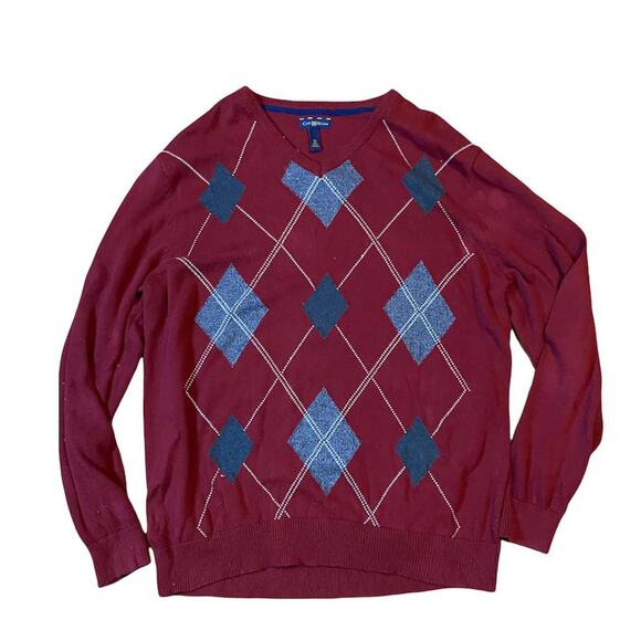 Club room argyle V Neck Sweater Mens Size XL Red maroon Gray White Academia - Picture 1 of 4